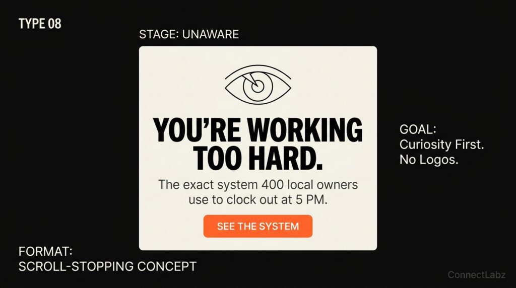 An Unaware stage Facebook ad card mockup on a cream background using a scroll-stopping concept hook to drive curiosity without showing logos.