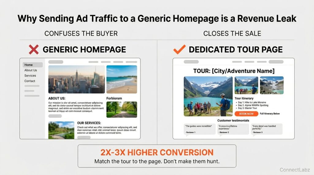 Side-by-side comparison of a generic helicopter homepage versus a dedicated tour landing page, showing that dedicated pages convert at a 2-3 times higher rate.