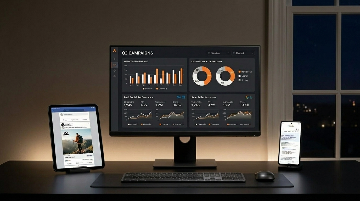 analytics dashboard showing marketing performance metrics across devices