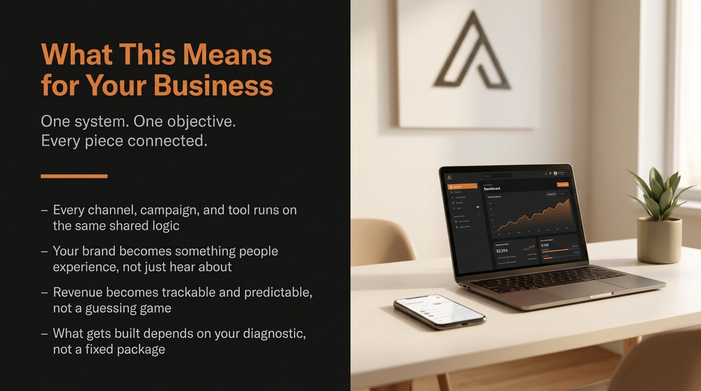 ConnectLabz business impact summary alongside a laptop showing a marketing analytics dashboard — What This Means for Your Business: One system, one objective, every piece connected. Every channel, campaign, and tool runs on the same shared logic. Your brand becomes something people experience, not just hear about. Revenue becomes trackable and predictable, not a guessing game. What gets built depends on your diagnostic, not a fixed package.