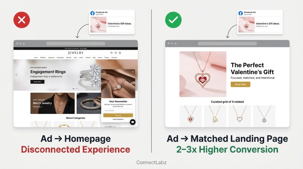 Side-by-side comparison of jewelry ad traffic sent to a cluttered homepage versus a focused landing page — landing pages convert 2 to 3 times higher for paid traffic