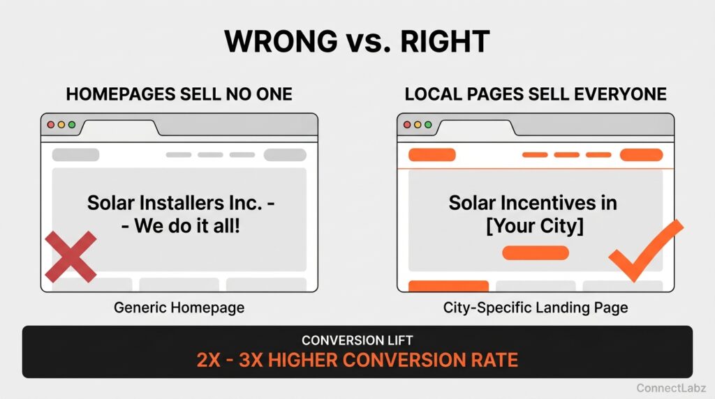 Side-by-side comparison of a generic solar homepage versus a city-specific landing page, showing a 2 to 3 times higher conversion rate for localized pages.