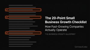 Digital 20-point checklist graphic for small business growth, with three key foundational moves highlighted in brand orange against a solid black background.